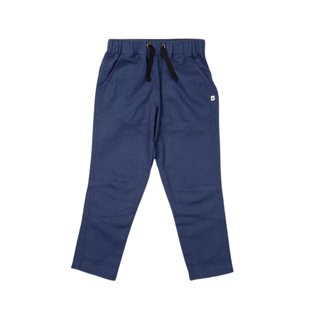 Navy blue sustainable kids pants with drawstring waist by Jackalo, laid flat on white background