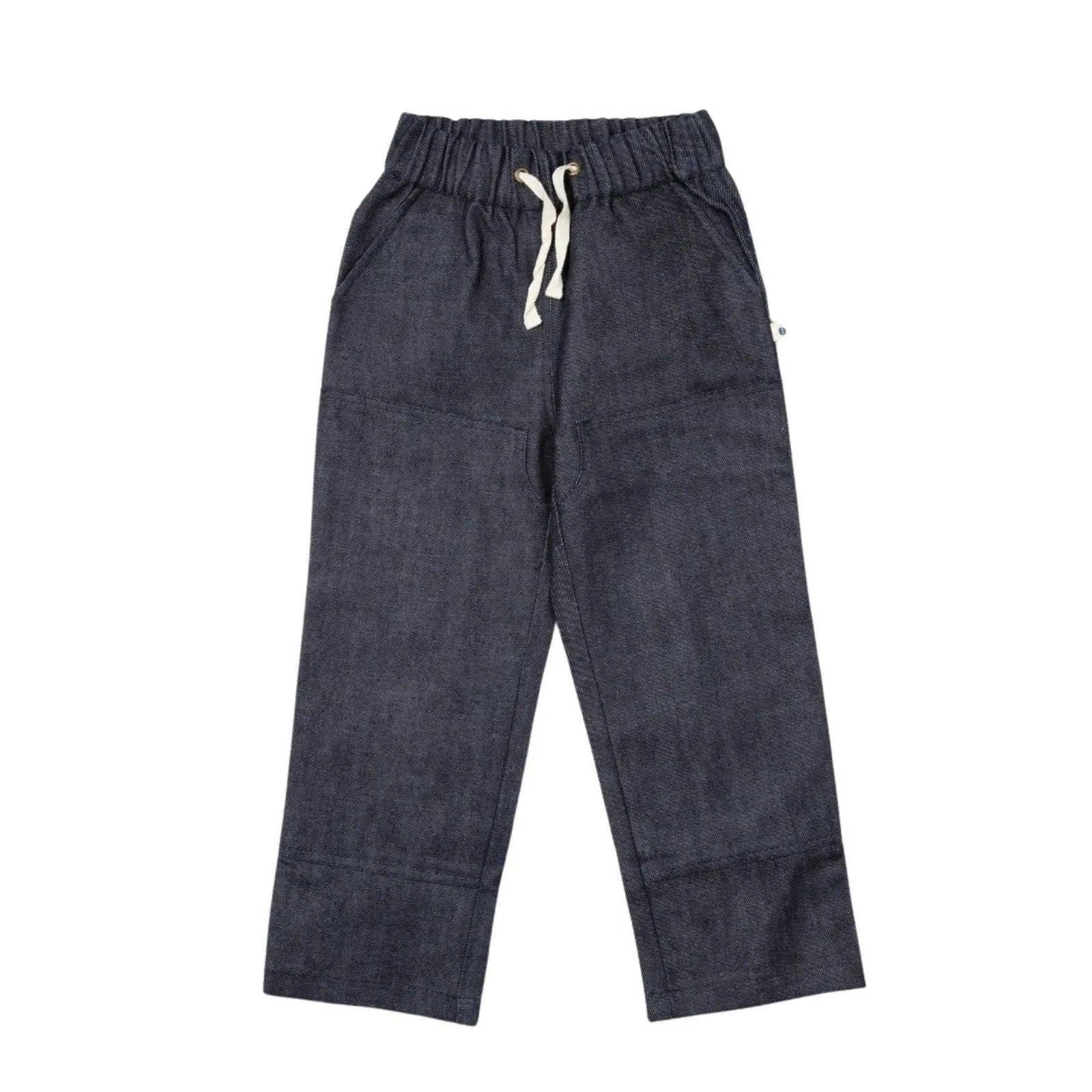 Dark blue sustainable kids pants with drawstring waist by Jackalo on white background