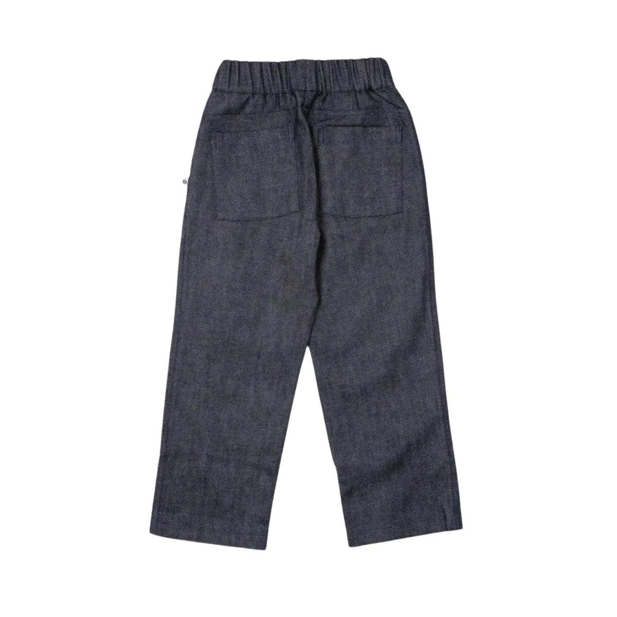 Back view of Jackalo kids' sustainable dark denim pants with elastic waistband and pockets