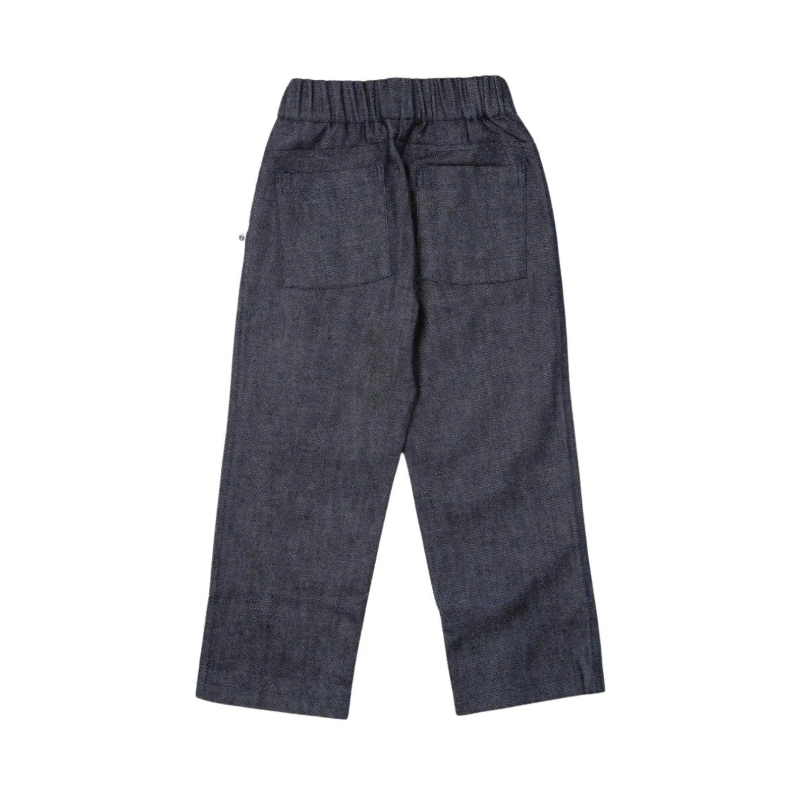 Dark blue sustainable kids pants with drawstring waist by Jackalo on white background