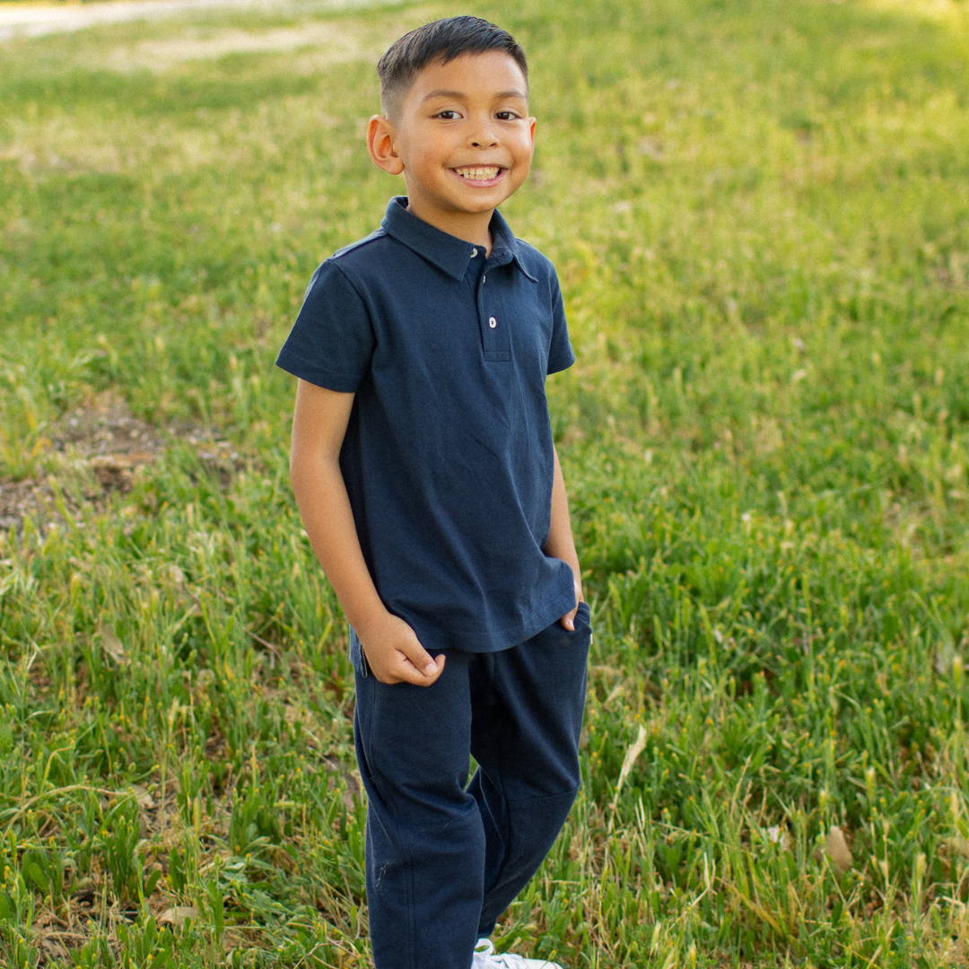 Organic navy blue jersey polo