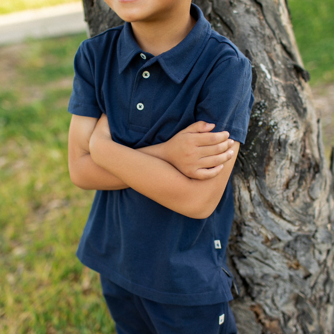 Organic navy blue jersey polo