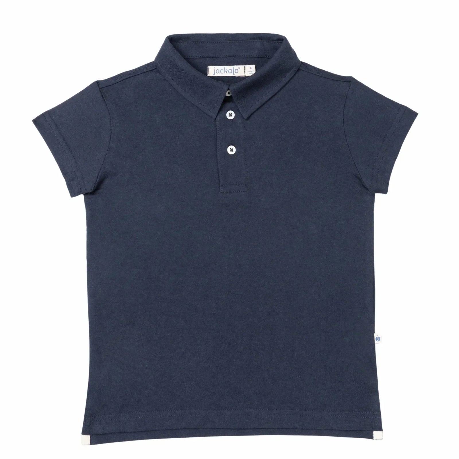 Jackalo navy blue kids polo shirt, sustainable activewear, short sleeves, front view
