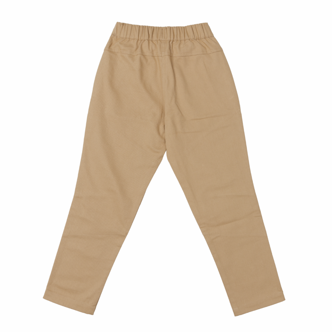 Rear view of Jackalo khaki kids pants with elastic waistband, sustainable children's clothing