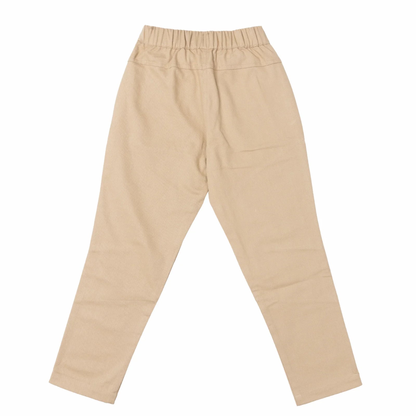 Rear view of Jackalo khaki kids pants with elastic waistband, sustainable children's clothing