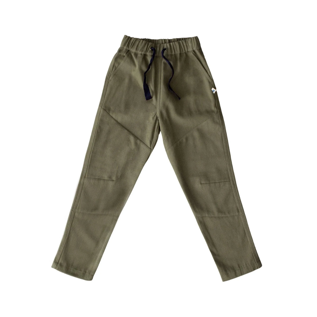 Olive green kids pants with drawstring waist, sustainable Jackalo clothing, front view