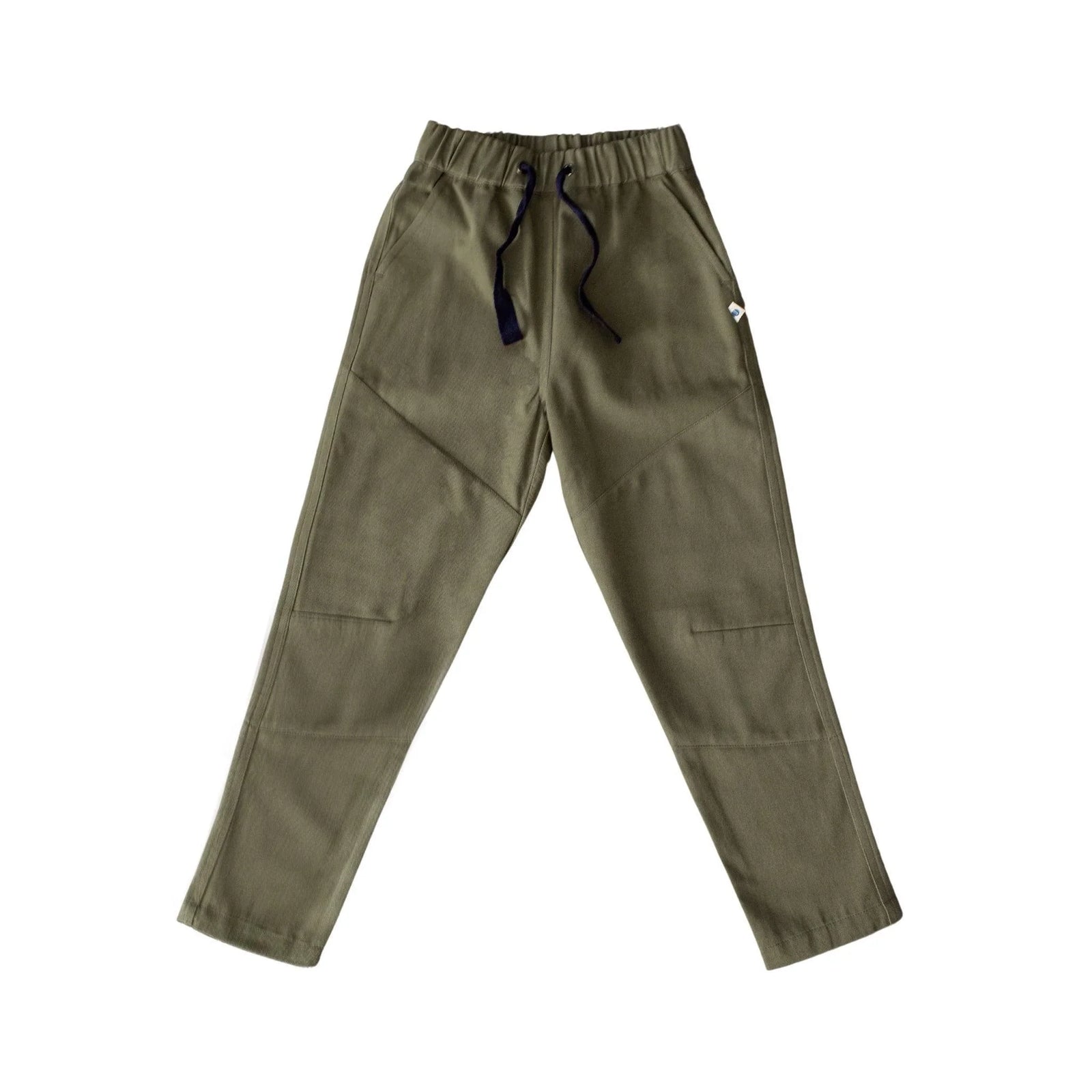 Olive green kids pants with drawstring waist, sustainable Jackalo clothing, front view