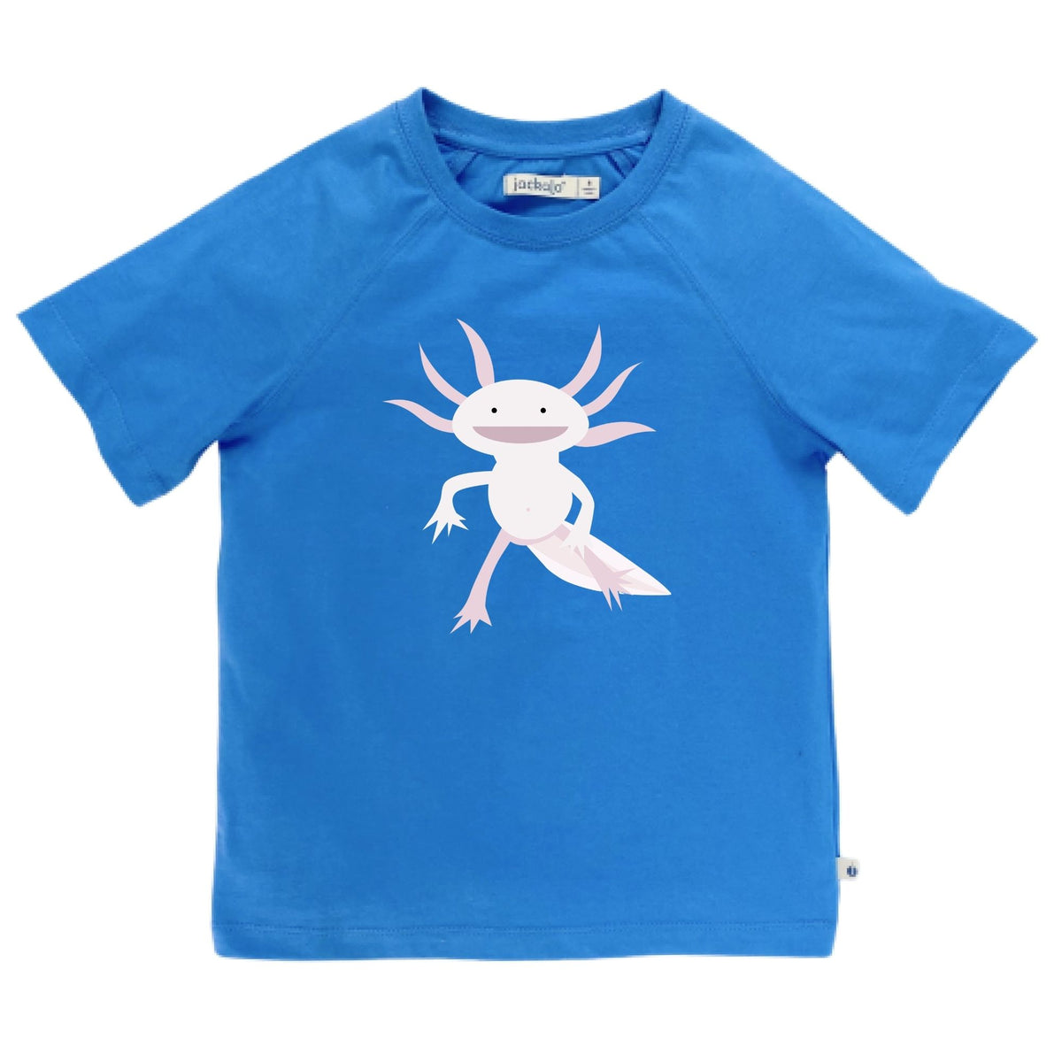 Blue t-shirt with a pale pink axolotl graphic