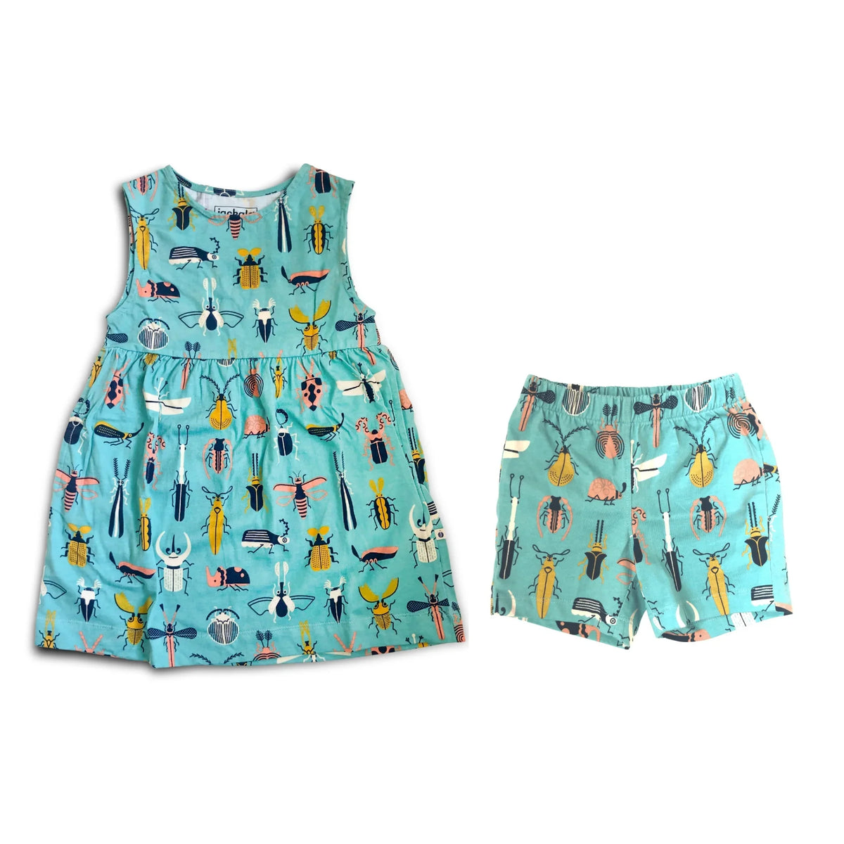 Jackalo kids aqua dress and shorts with colorful beetle pattern on white background