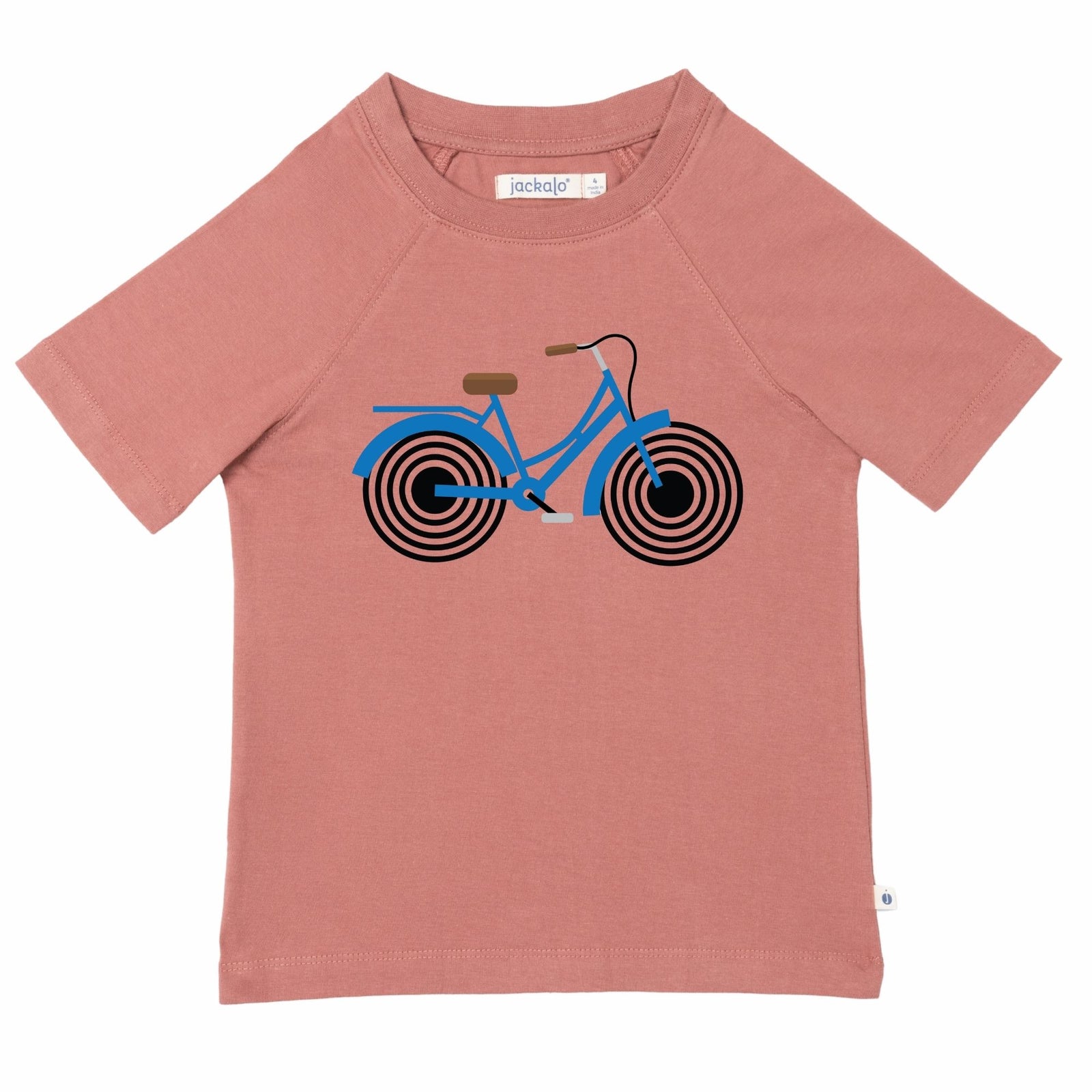 Pink t-shirt with a blue bicycle graphic on a white background