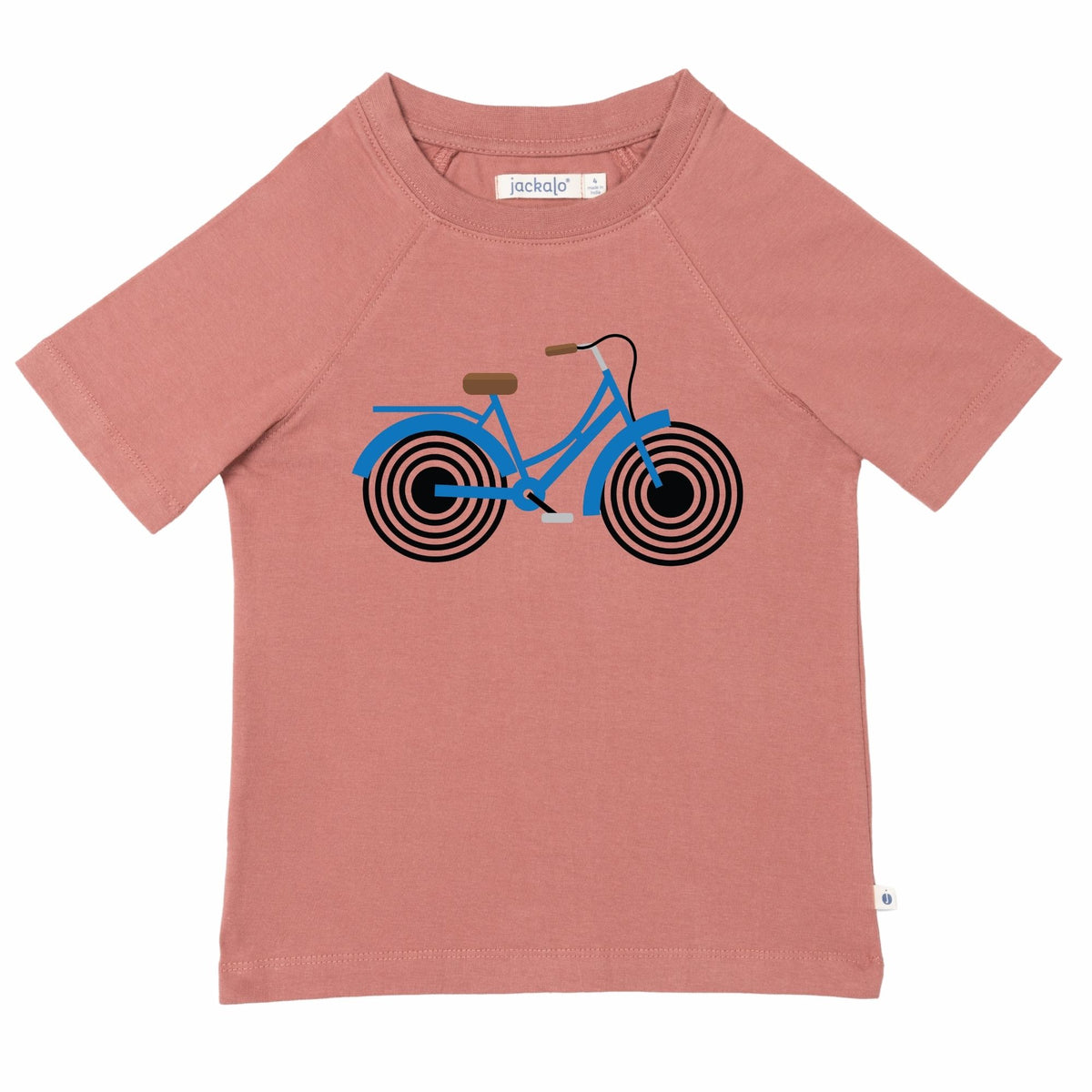 Pink t-shirt with a blue bicycle graphic on a white background