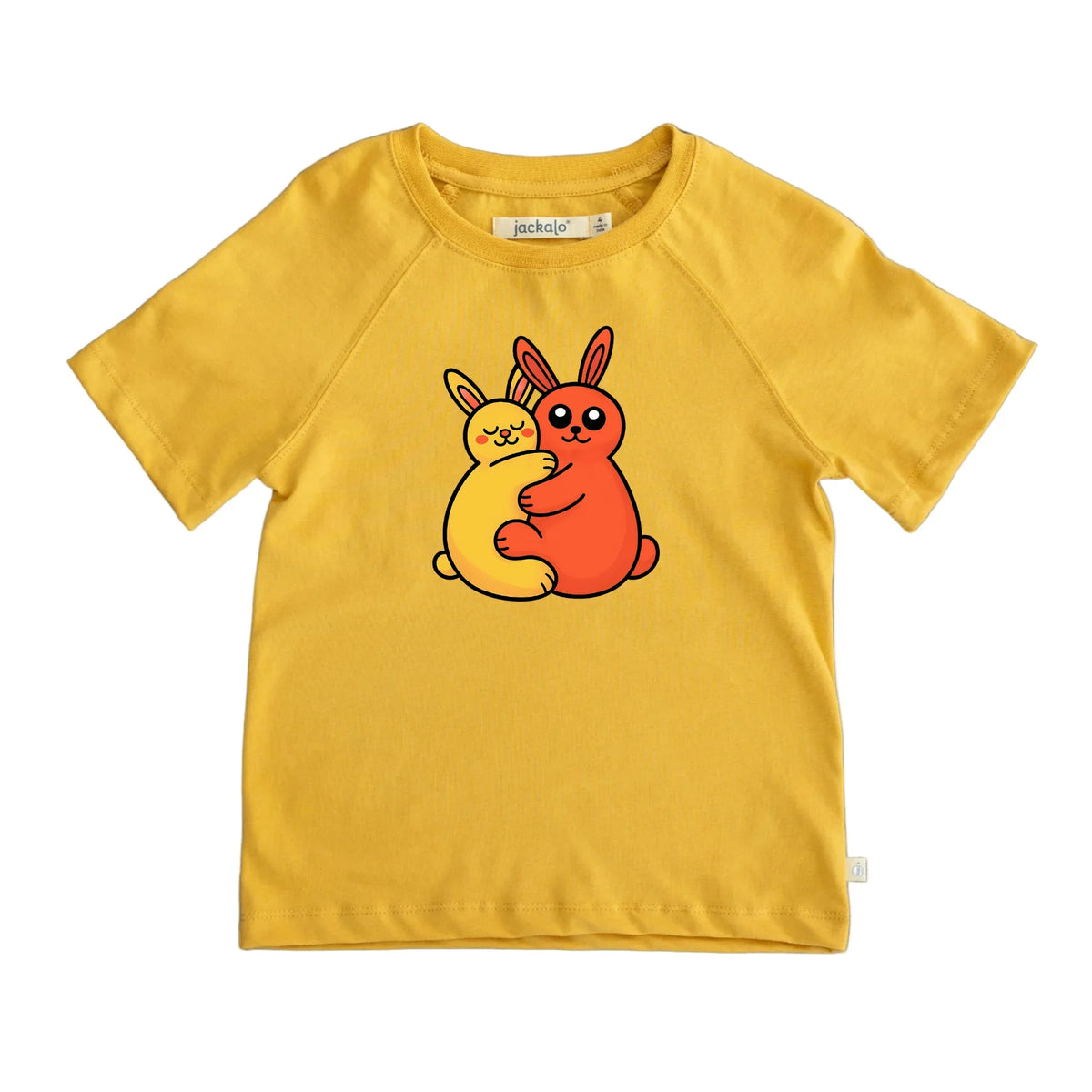 Ochre yellow Jackalo kids t-shirt with two hugging cartoon bunnies graphic on front