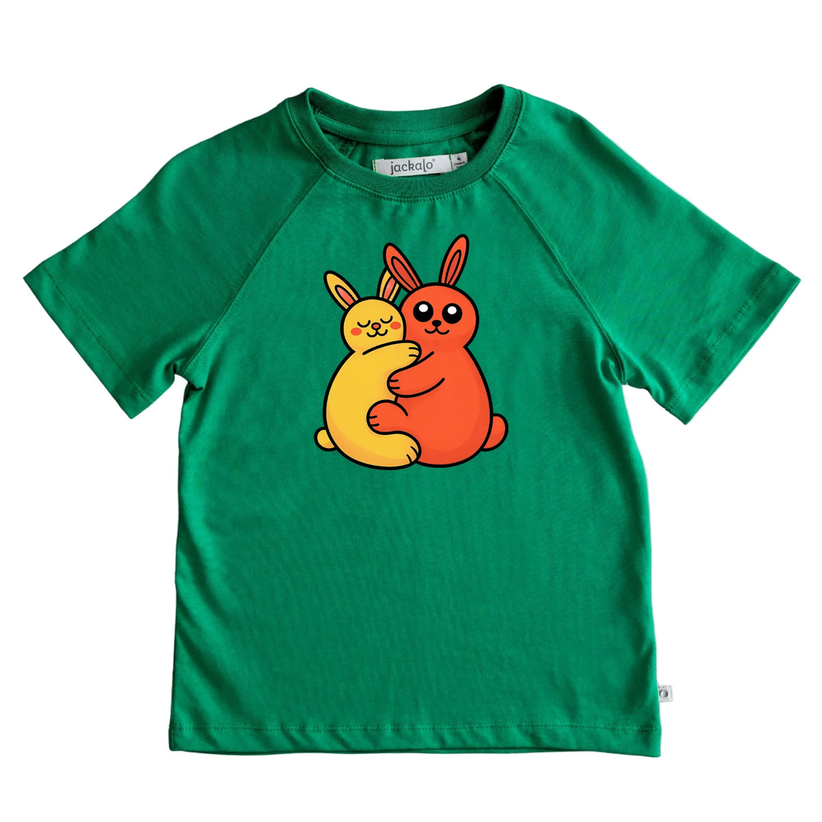 Green Jackalo kids t-shirt with hugging yellow and orange cartoon bunnies illustration