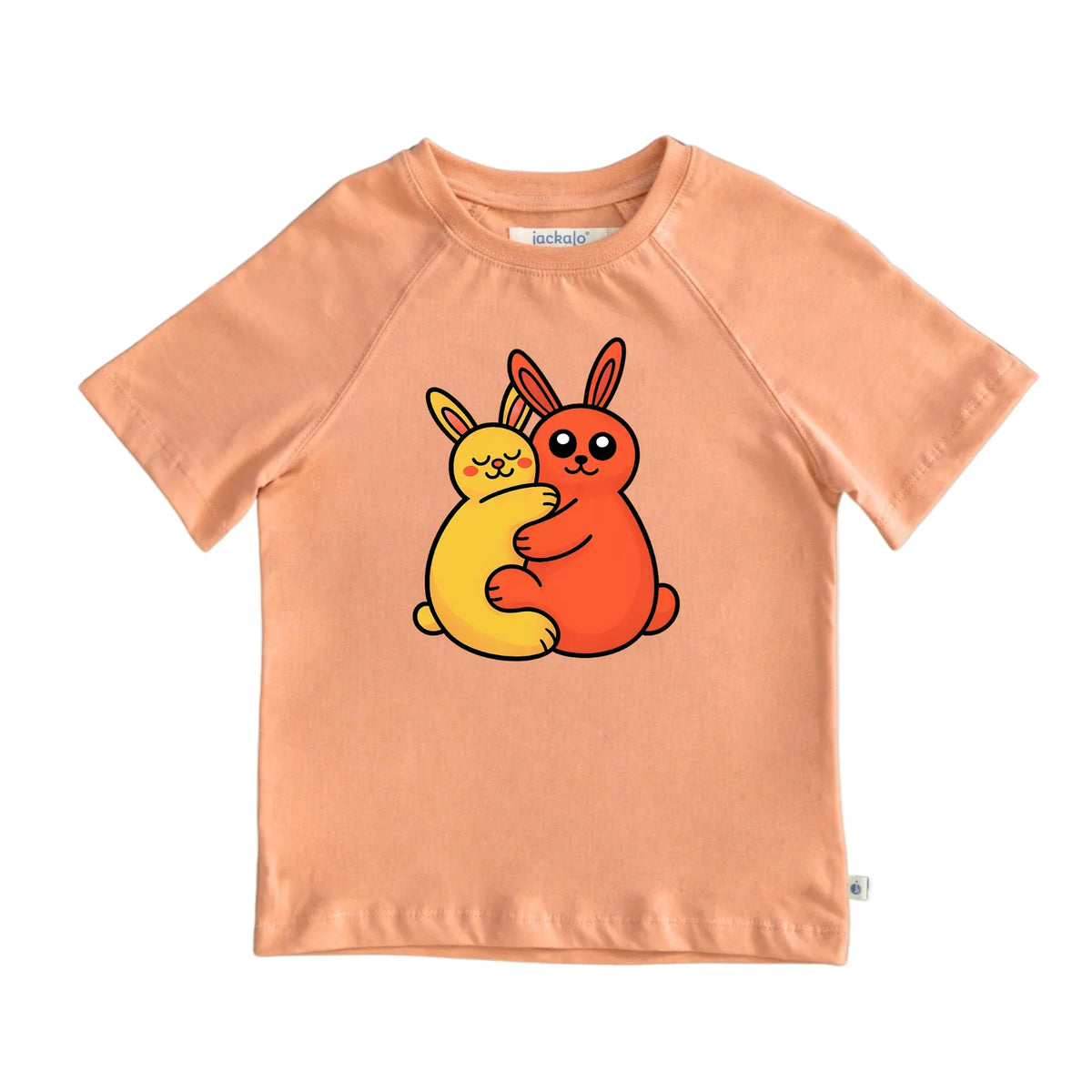 Peach Jackalo kids tee with cute hugging orange and yellow bunnies graphic, sustainable clothing