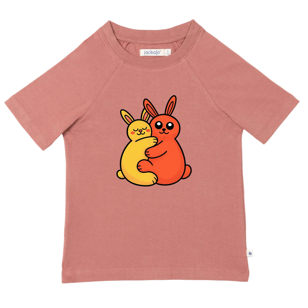 Rose pink Jackalo kids t-shirt with cute hugging bunny graphic, sustainable children's clothing