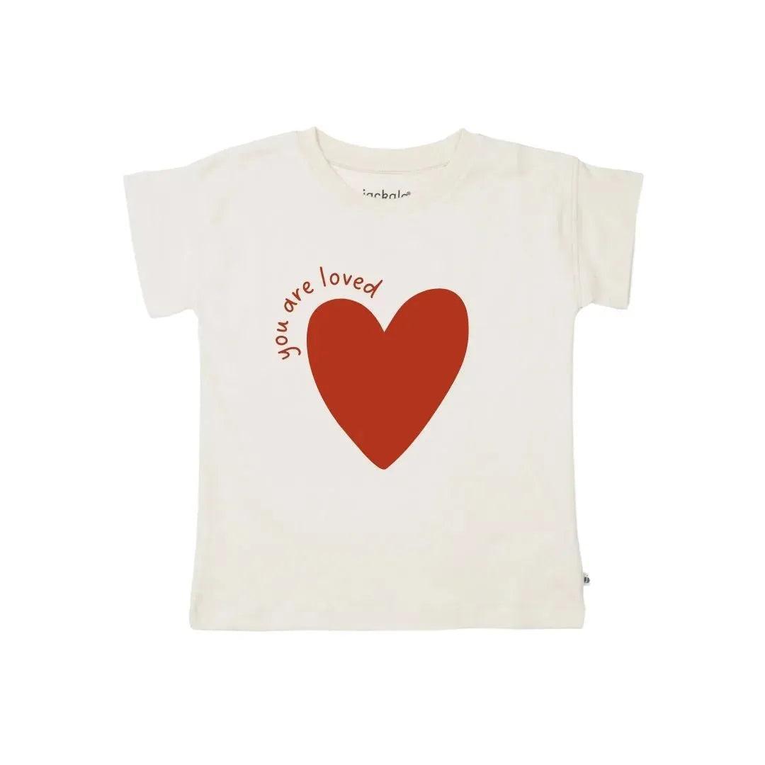 Jackalo kids organic cream t-shirt with red heart and 'you are loved' text, sustainable clothing