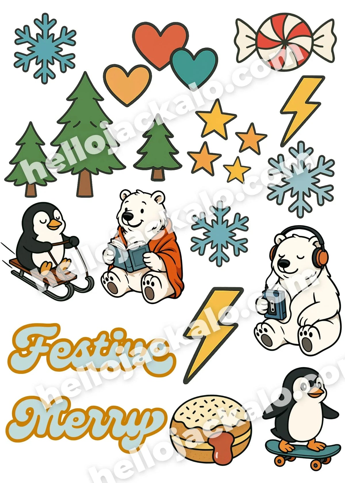 Cute penguins sledding and skateboarding, polar bears with mugs, festive trees, stars, and hearts, winter holiday sticker sheet by Jackalo for kids.