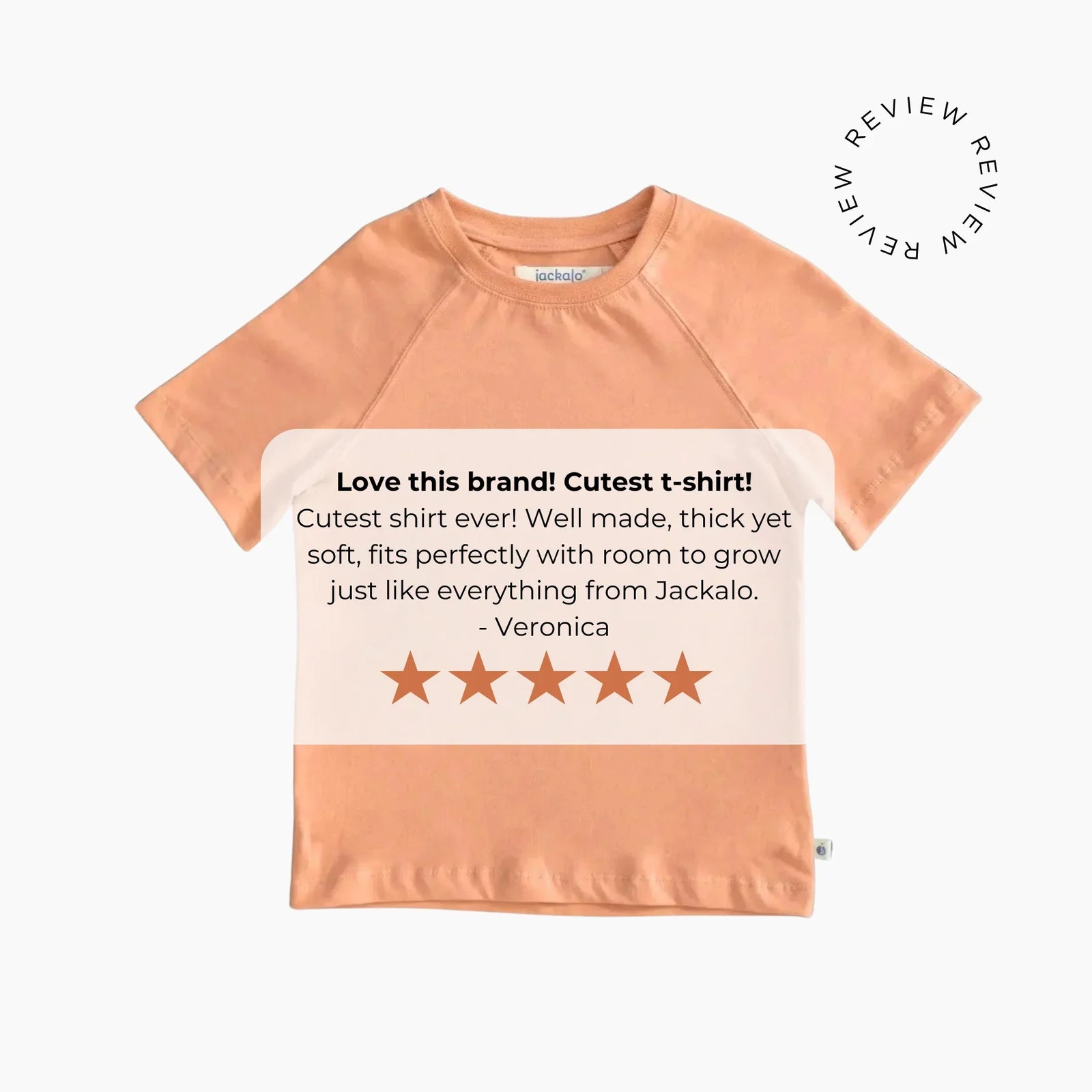 Peach kids Frankie Tee by Jackalo with five-star review and comfort quality testimonial.