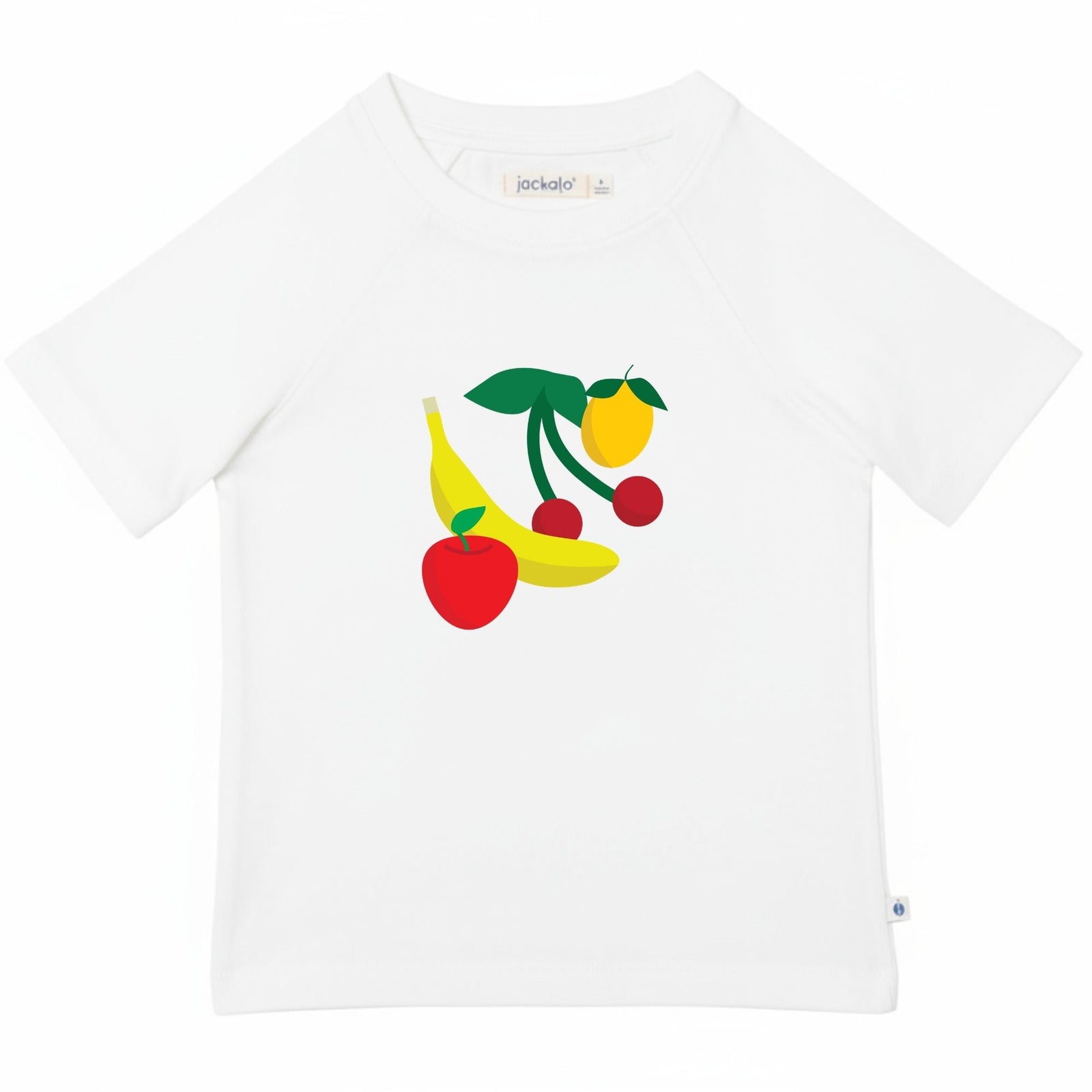 White t-shirt with colorful fruit design on a white background