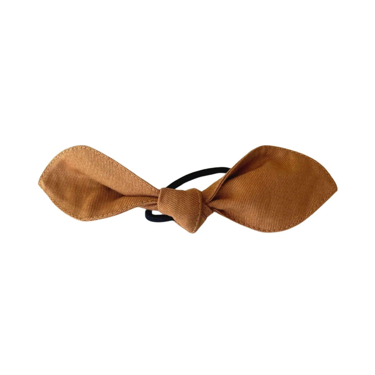 Brown fabric hair bow elastic accessory by Jackalo for kids on white background