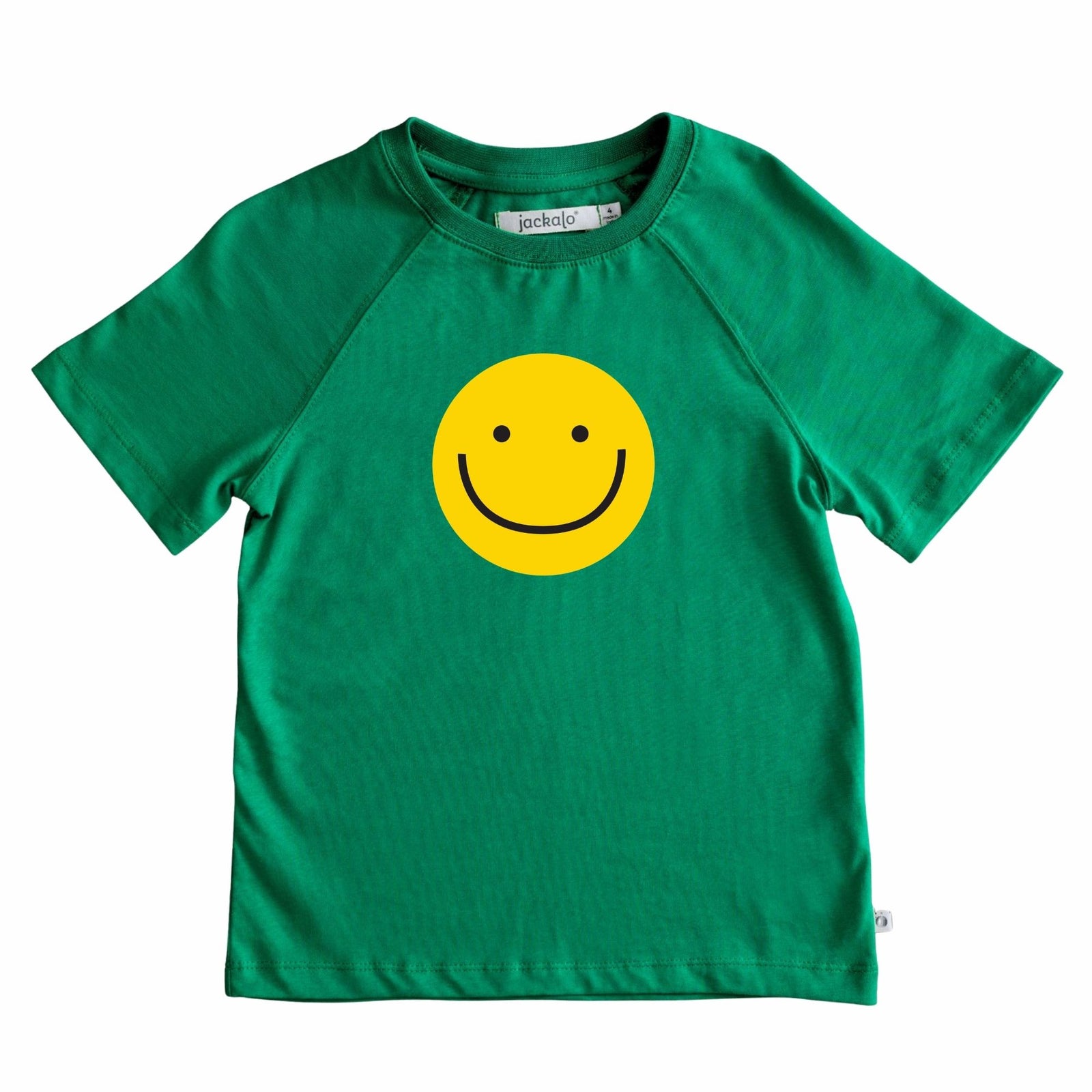 Green t-shirt with a yellow smiley face on a white background