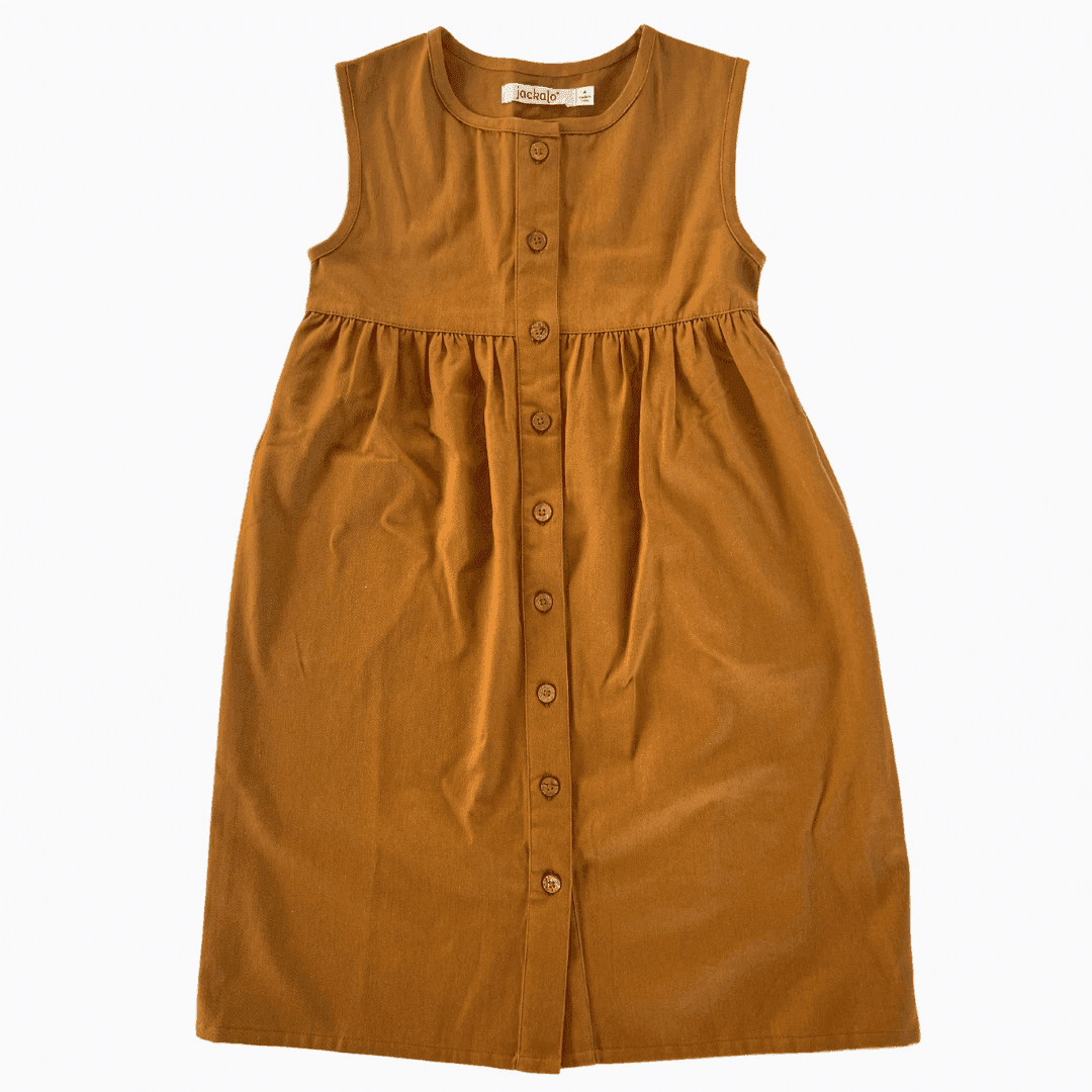 Sleeveless brown button-front dress for kids by Jackalo, sustainable children's clothing