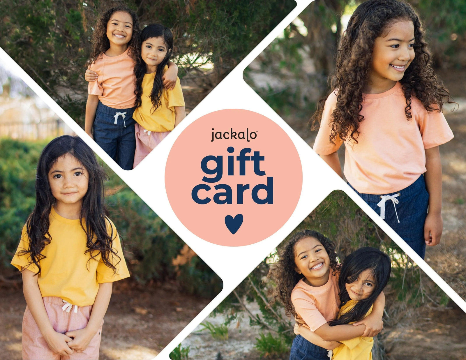Jackalo digital gift card with happy kids wearing sustainable clothes outdoors, smiling and hugging.