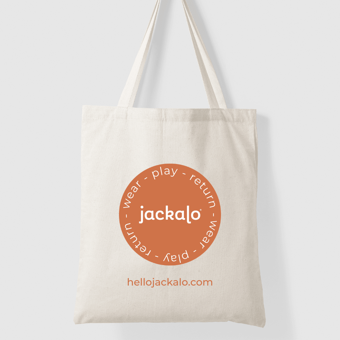 Organic cotton Jackalo tote bag with orange circular logo and 'wear play return' message