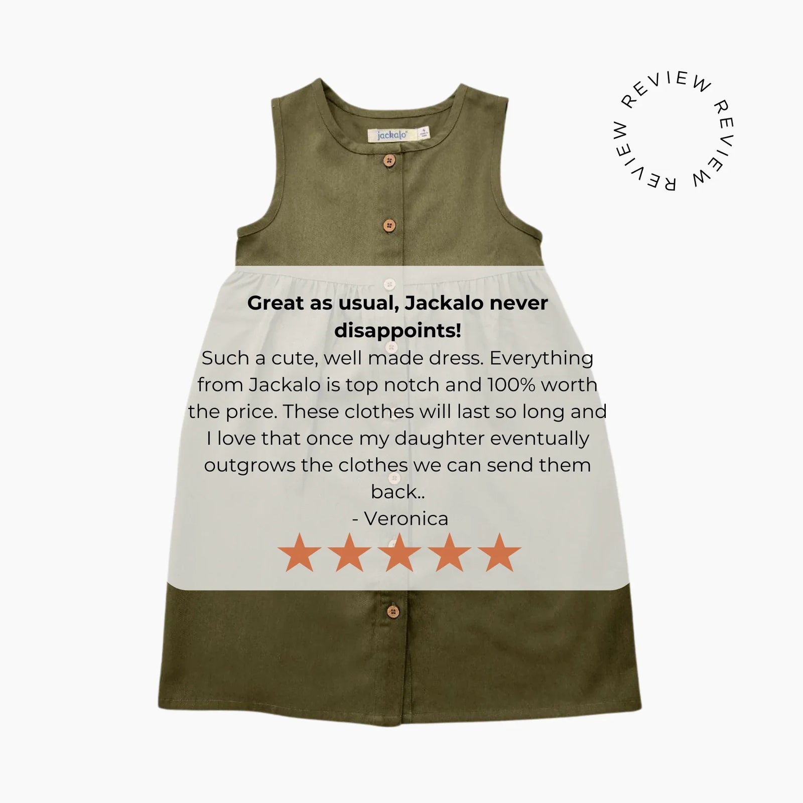 Olive green and cream Jackalo kids dress with 5-star customer review and sustainability praise