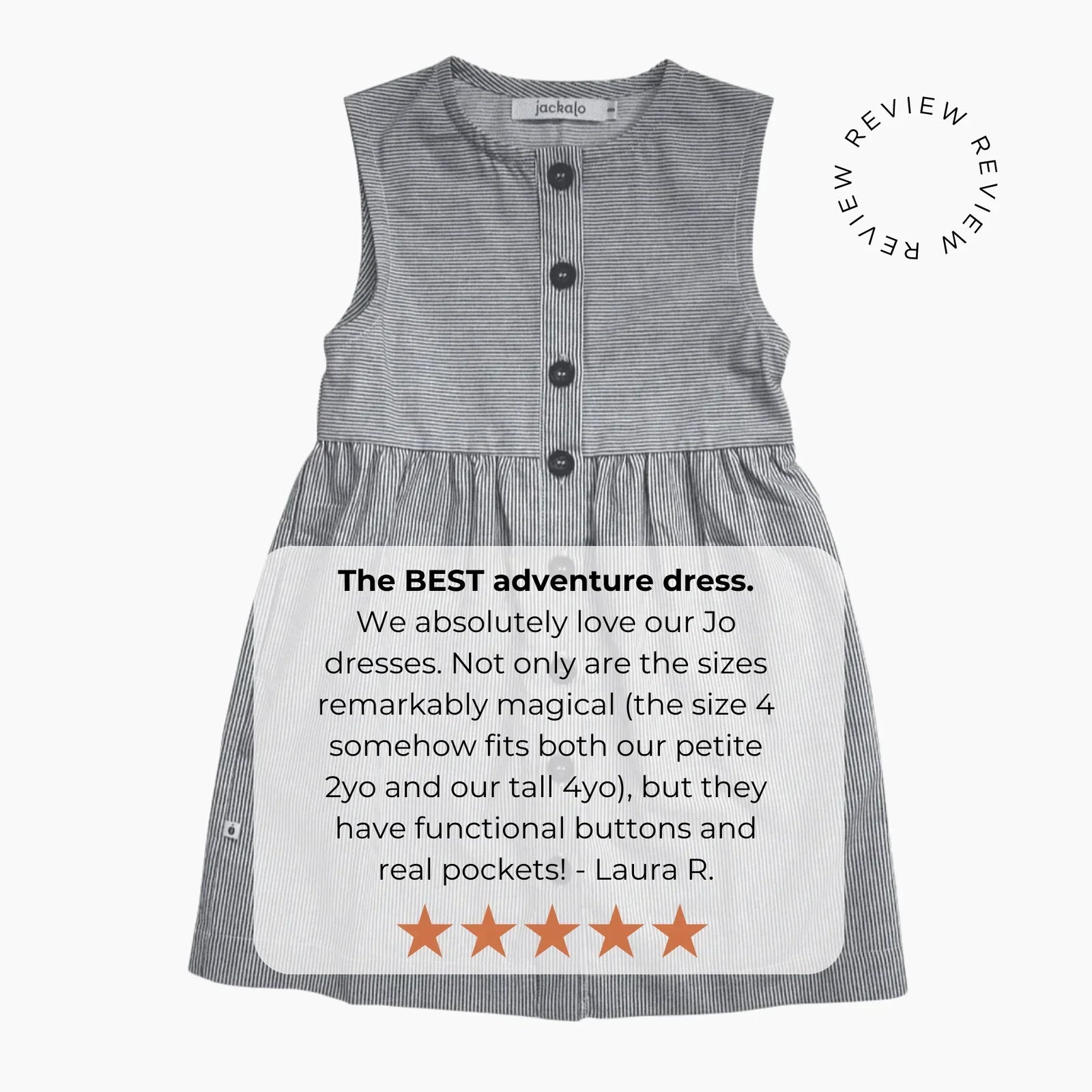 Striped sleeveless kids' Jo dress by Jackalo with customer review and five-star rating.