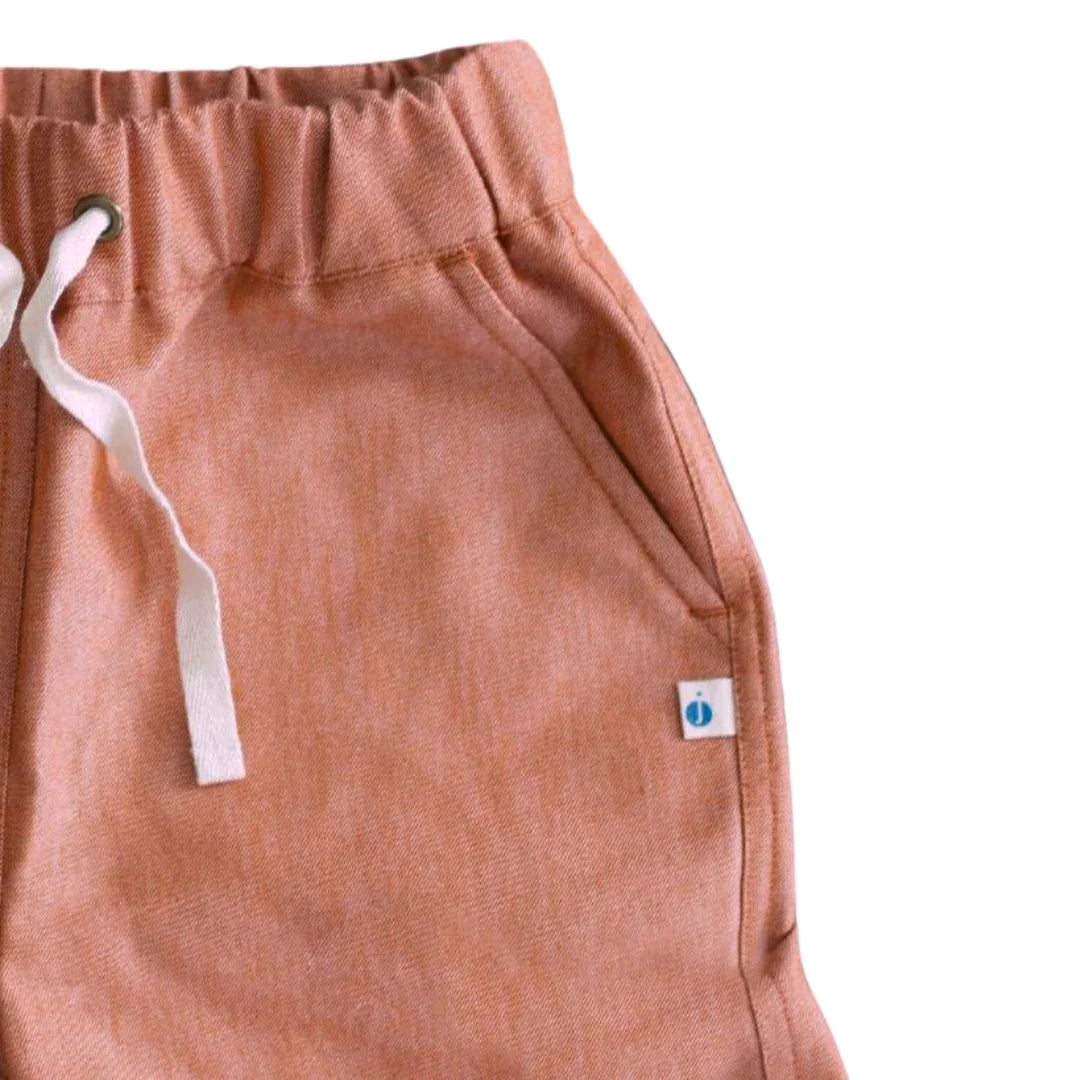 Chambray kids shorts by Jackalo, peach color, elastic waist, sustainable clothing detail