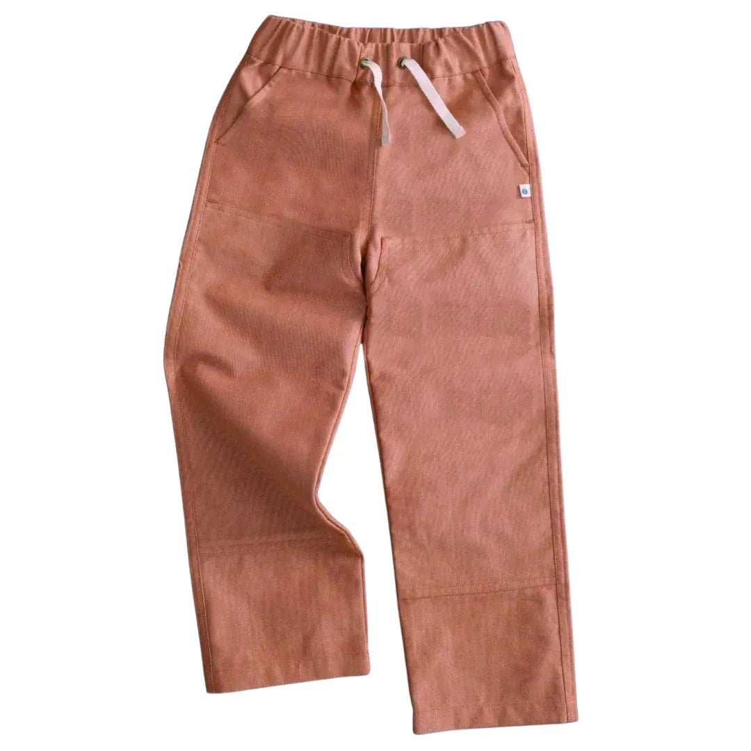 Rust-colored chambray kids pants with drawstring waist by Jackalo, sustainable clothing