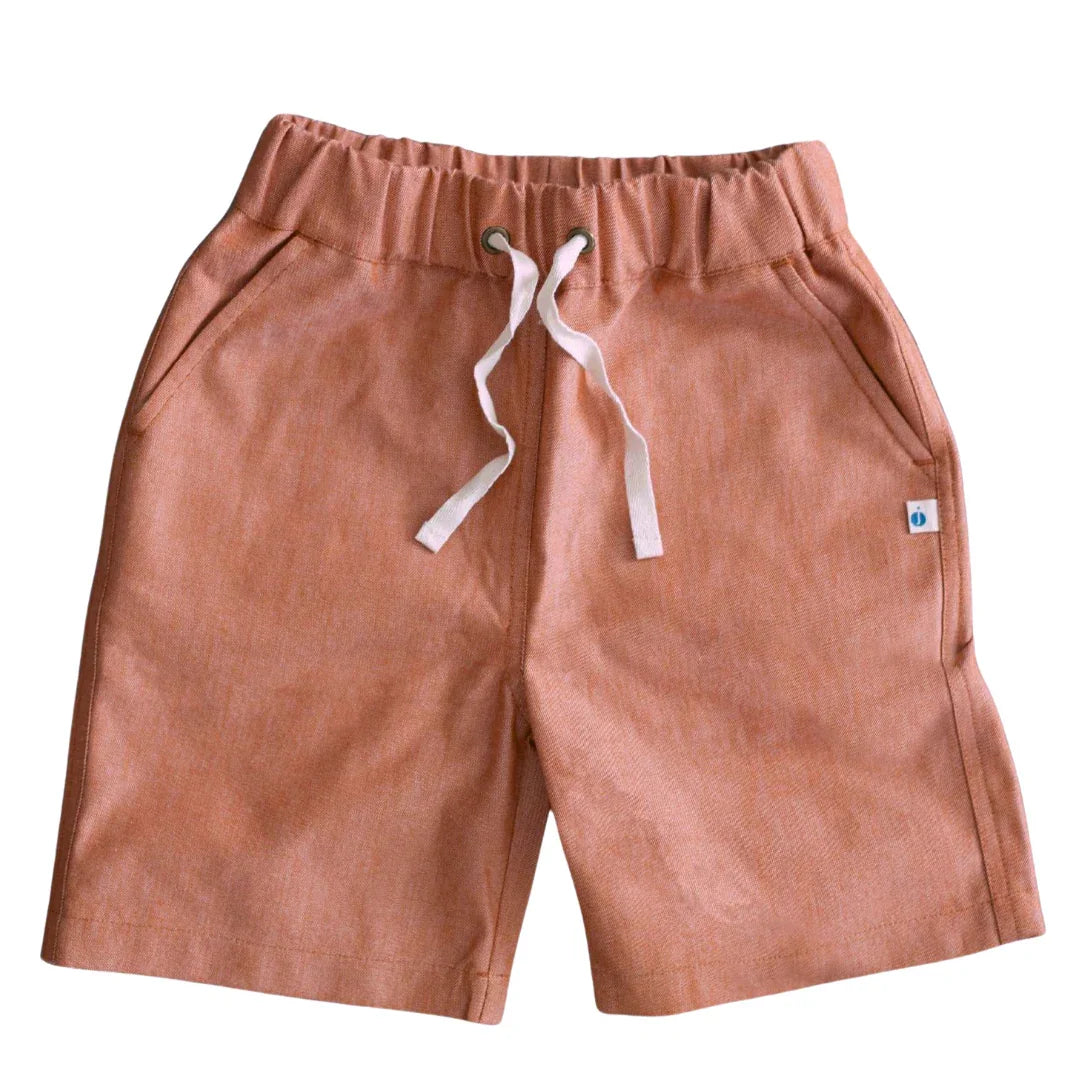 Rust-colored kids chambray shorts with drawstring by Jackalo, sustainable clothing brand