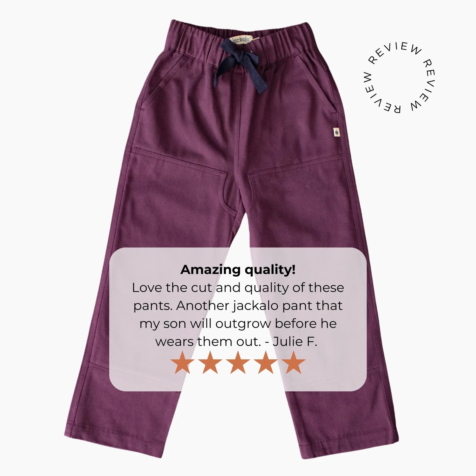 Plum kids pants by Jackalo with five-star review, sustainable children's clothing