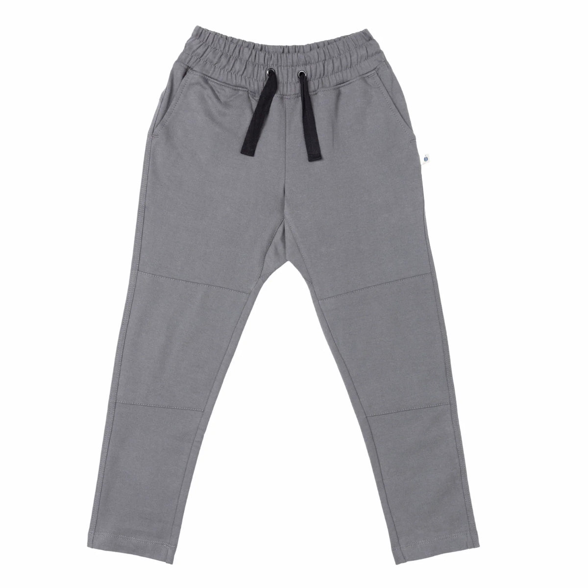 Gray kids jogger pants with black drawstring, sustainable clothing by Jackalo