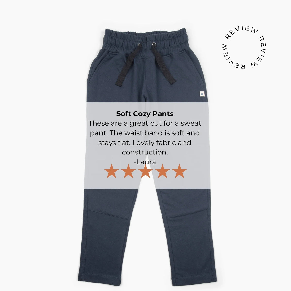 Jackalo kids soft cozy pants in navy with five-star customer review overlay, sustainable clothing