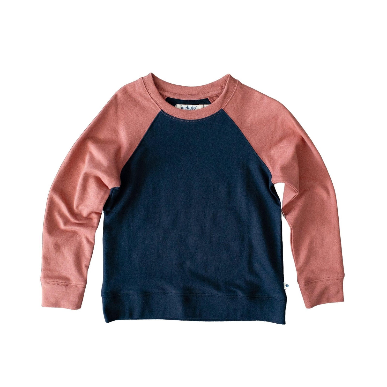 Jackalo kids raglan shirt with navy body and dusty rose sleeves, sustainable clothing