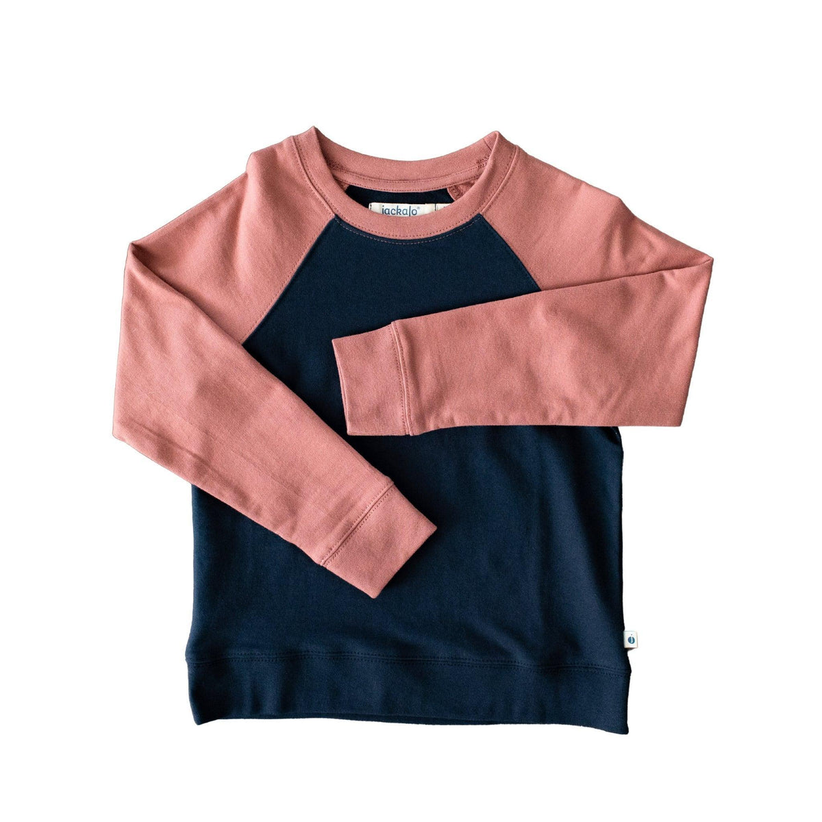 Jackalo kids raglan shirt in navy and dusty rose, sustainable long-sleeve top on white background