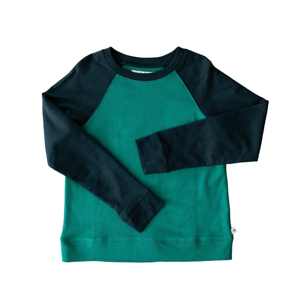 Jackalo sustainable kids navy and hunter green raglan long sleeve shirt on white background