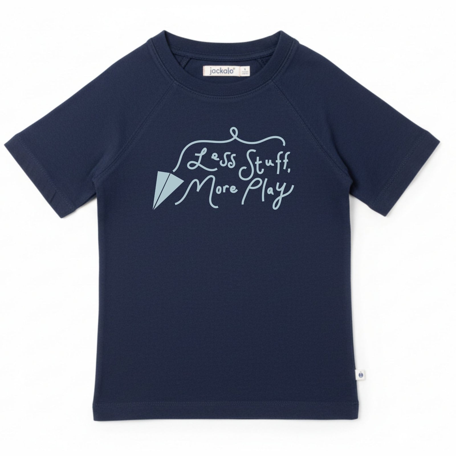 Navy blue t-shirt with light blue text and paper plane