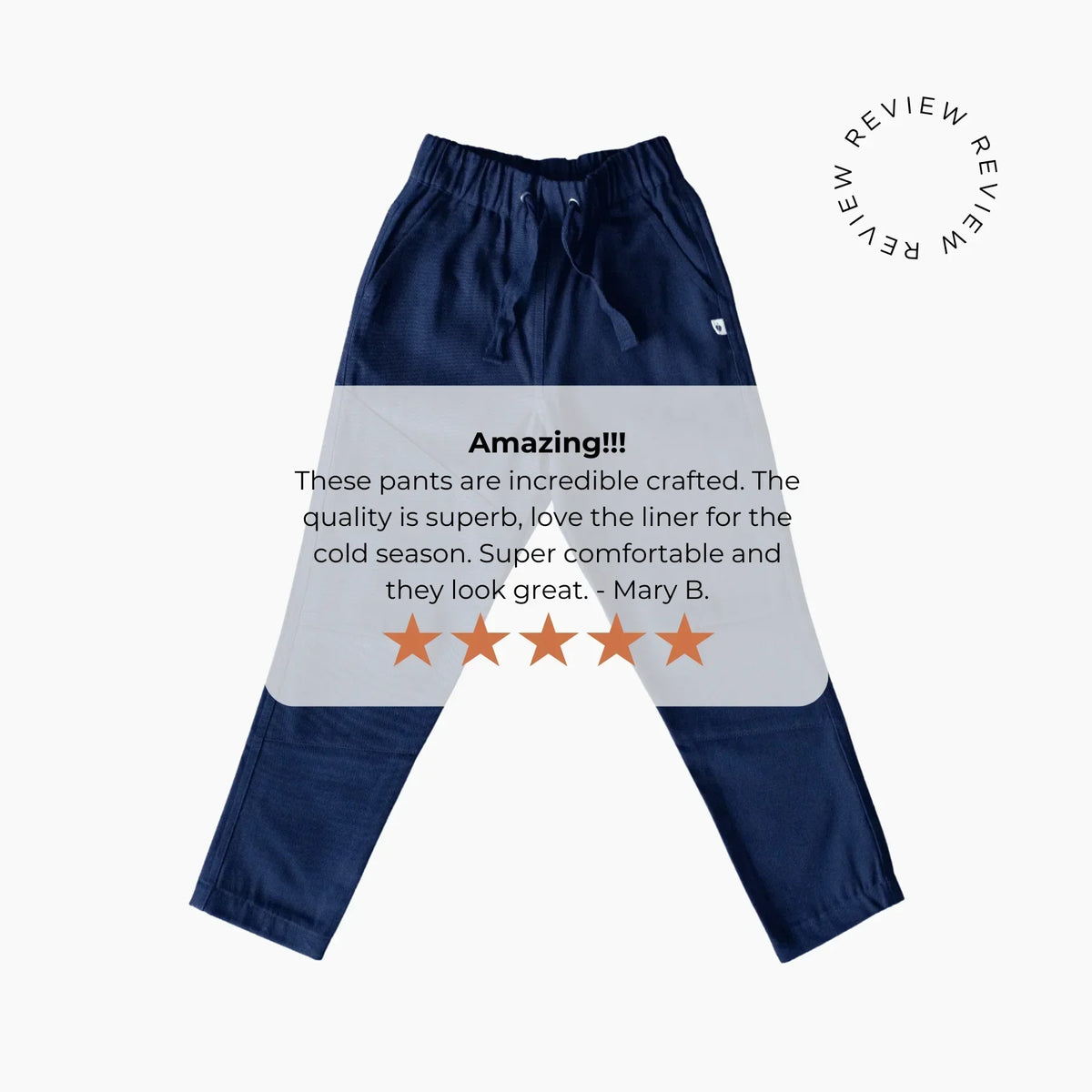 Navy blue Jackalo kids pants with five-star customer review praising comfort and quality.