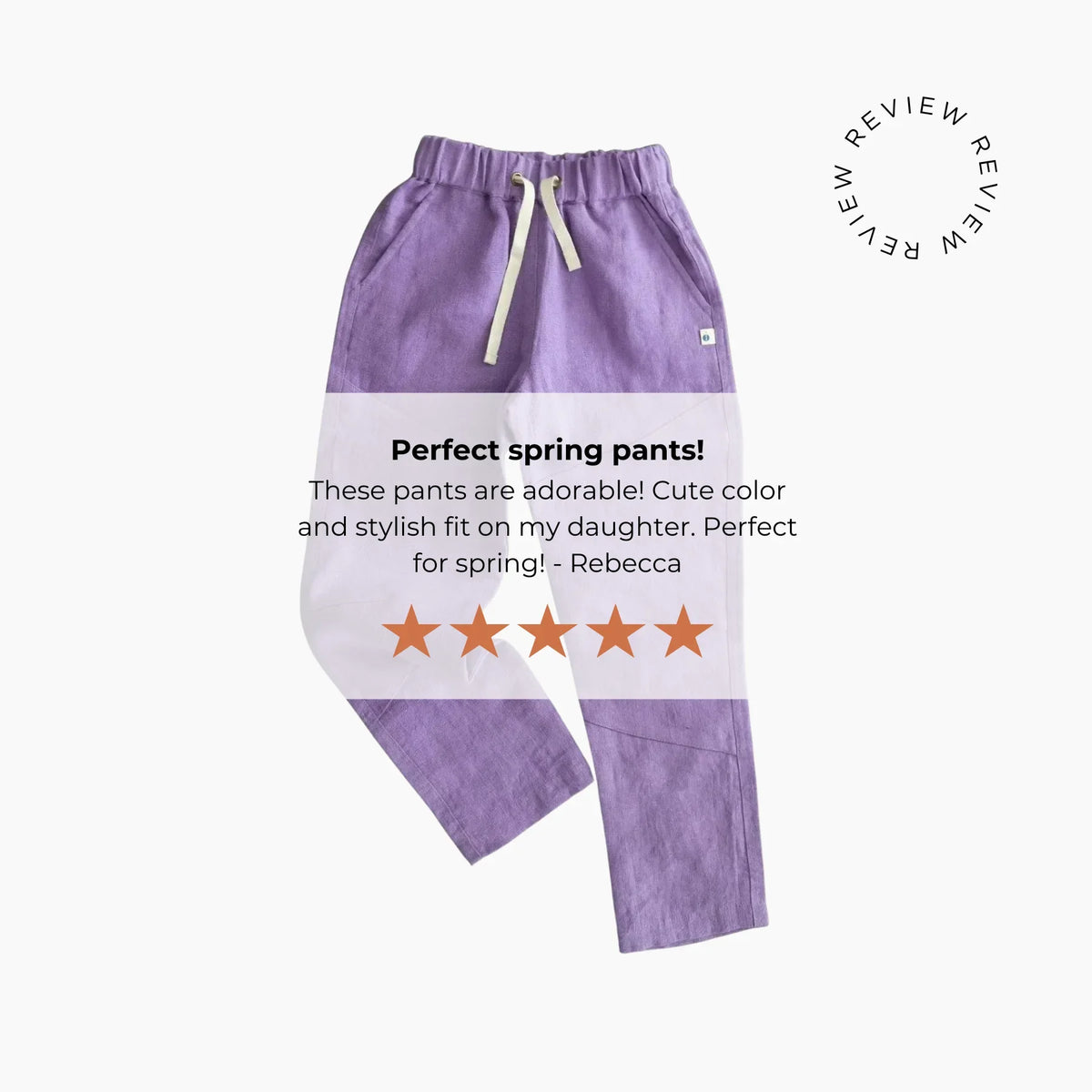 Jackalo kids linen pants in ash purple with five-star review and customer testimonial.
