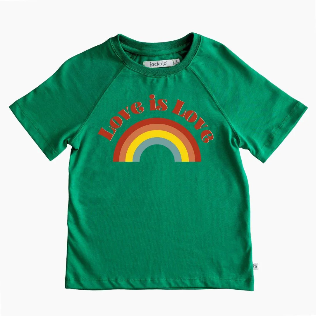 Green Jackalo kids t-shirt with 'Love is Love' text and rainbow graphic, sustainable clothing