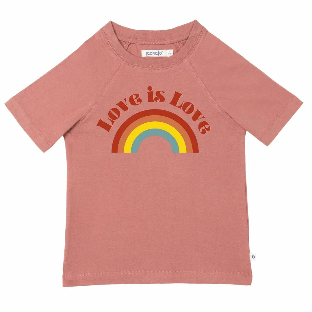 Rose pink Jackalo kids t-shirt with 'Love is Love' and rainbow graphic, sustainable clothing