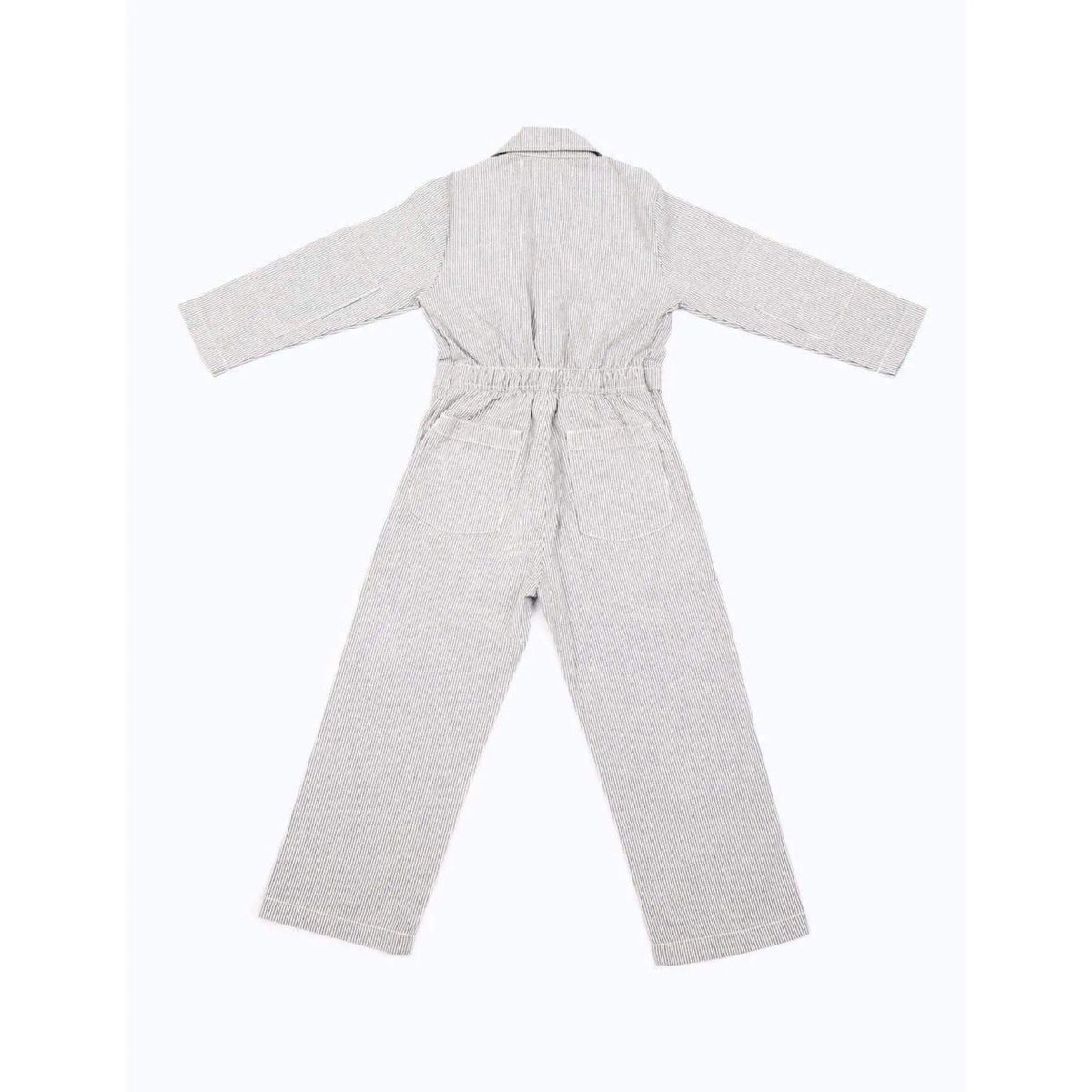 Children’s grey striped coveralls with back pockets, sustainable kidswear by Jackalo.