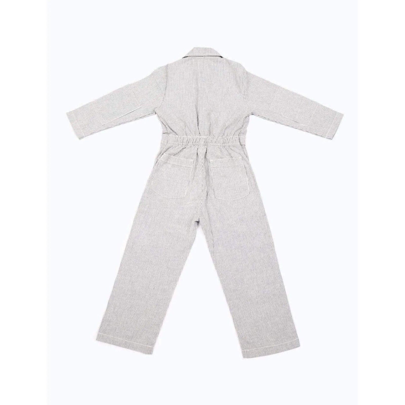 Striped kids coveralls with large grey knee patches by Jackalo, sustainable activewear