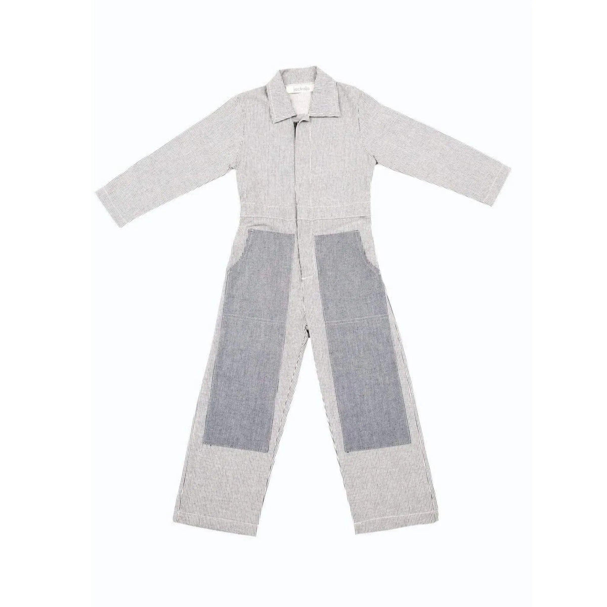 Striped kids coveralls with large grey knee patches by Jackalo, sustainable activewear