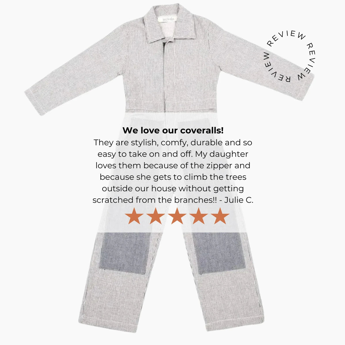 Kids' striped coveralls with review text and five-star rating for Jackalo sustainable clothing.