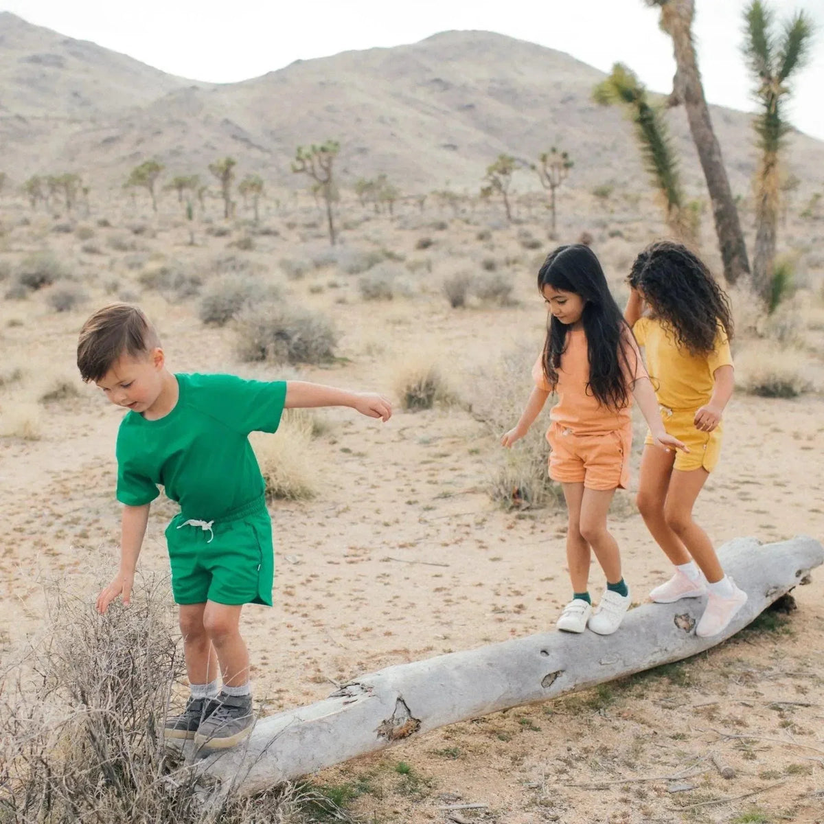 Three kids in colorful Jackalo shorts and shirts playing outdoors on a log in a desert landscape.