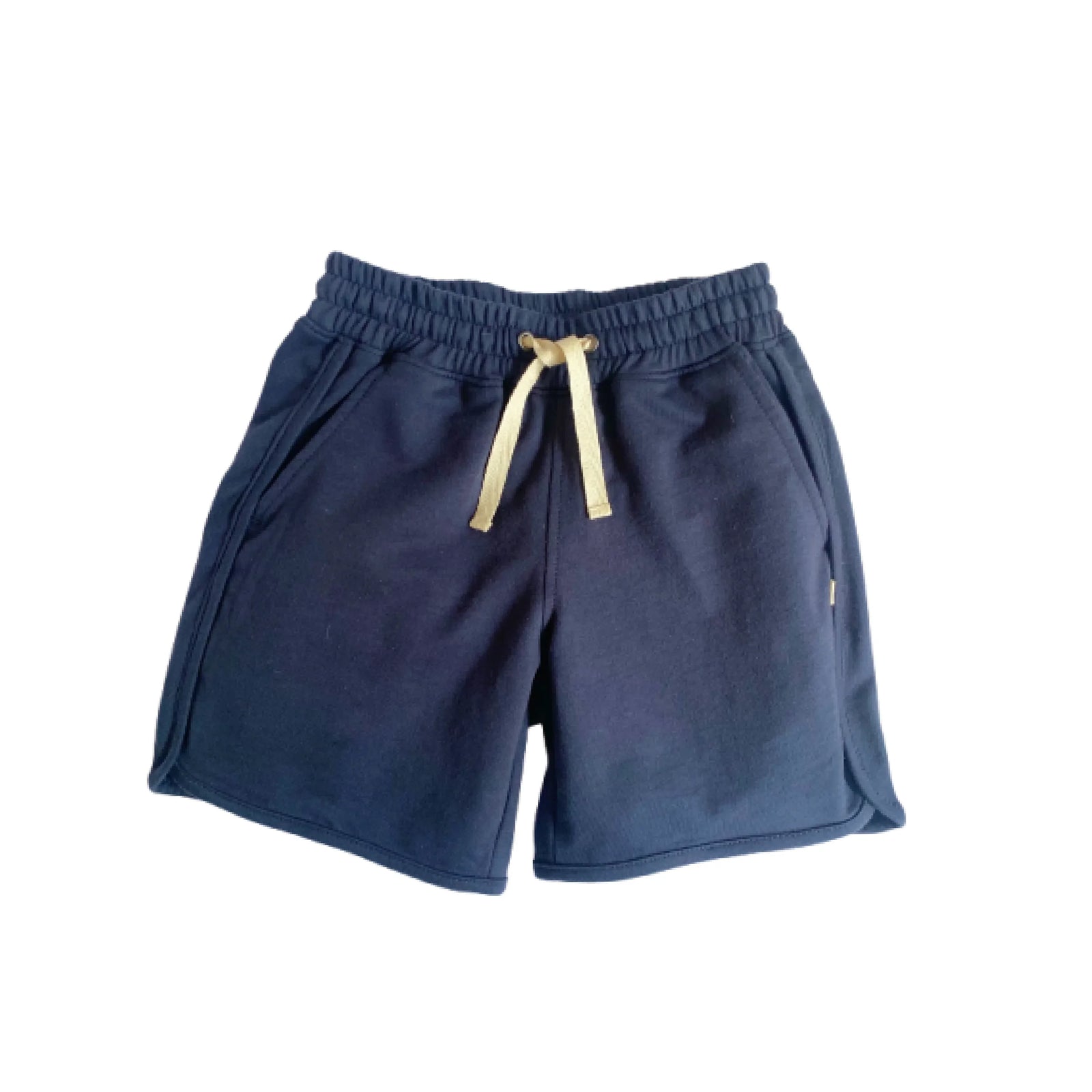 Navy kids' shorts with elastic waistband and beige drawstring by Jackalo, sustainable clothing.